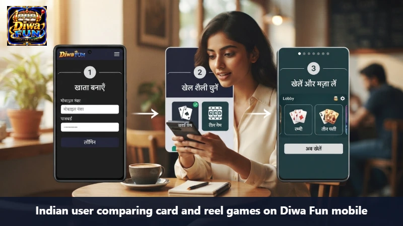 Indian user comparing card and reel games on Diwa Fun mobile