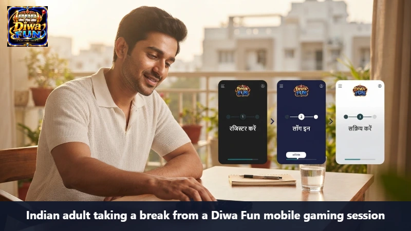 Indian adult taking a break from a Diwa Fun mobile gaming session